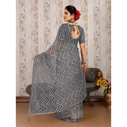 Women's Linen Zig Zag Saree With Unstitched Blouse (Grey, 5-6 Mtrs)