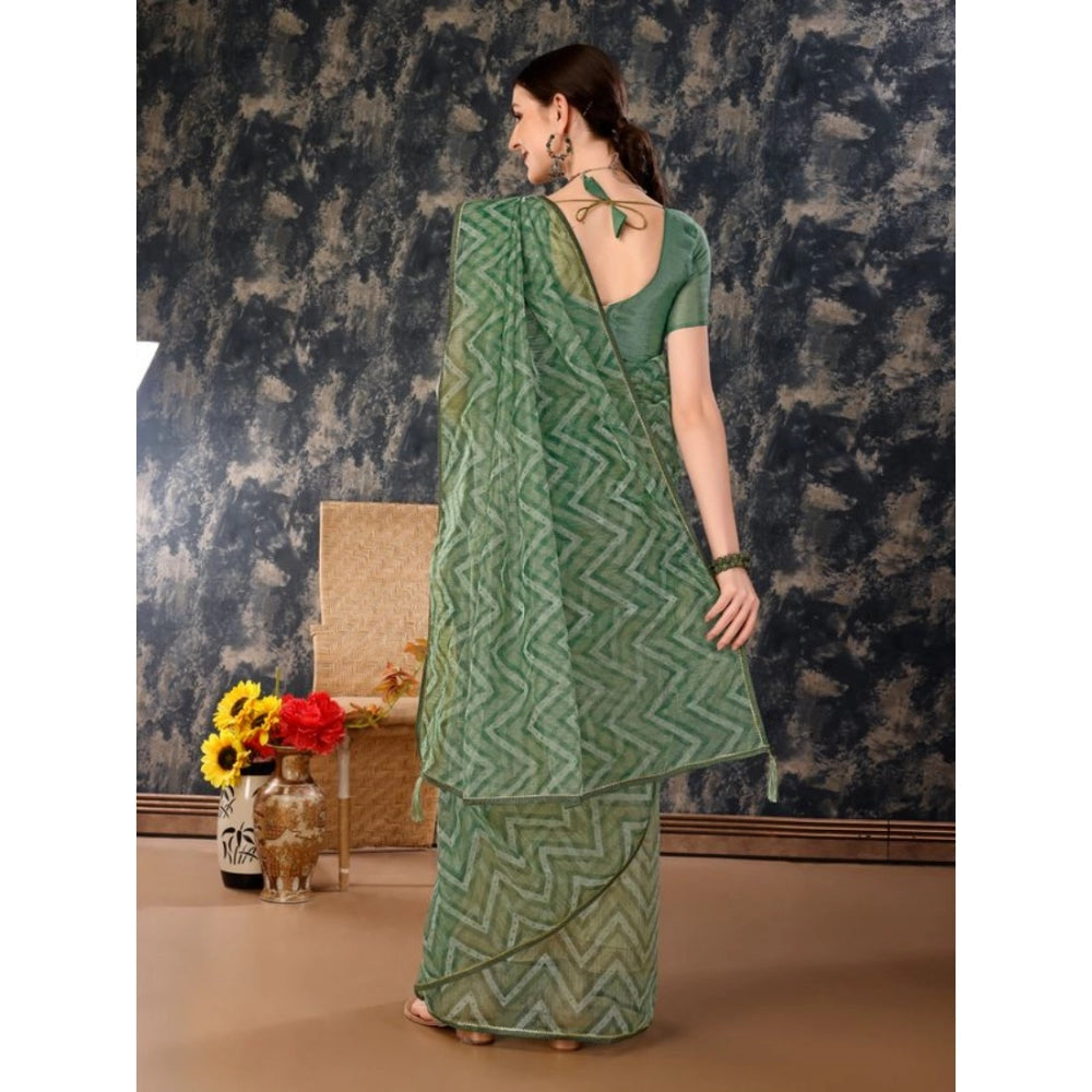 Women's Linen Zig Zag Saree With Unstitched Blouse (Green, 5-6 Mtrs)