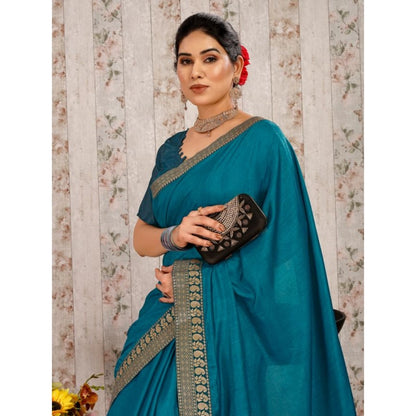 Women's Vichitra Plain Saree With Unstitched Blouse (Blue, 5-6 Mtrs)