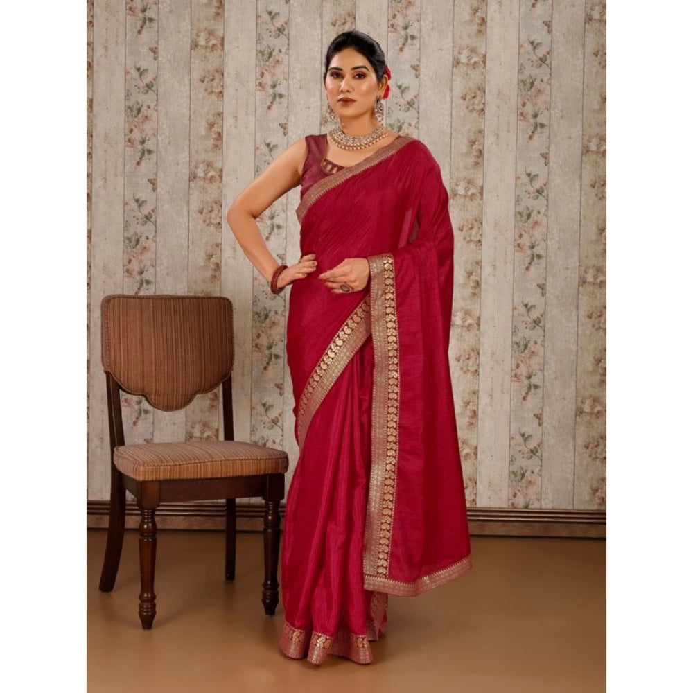 Women's Vichitra Plain Saree With Unstitched Blouse (Maroon, 5-6 Mtrs)