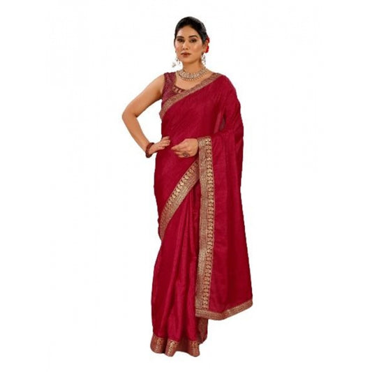 Women's Vichitra Plain Saree With Unstitched Blouse (Maroon, 5-6 Mtrs)