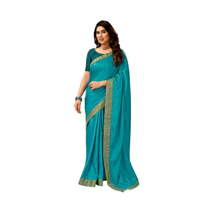 Women's Vichitra Plain Saree With Unstitched Blouse (Teal Blue, 5-6 Mtrs)