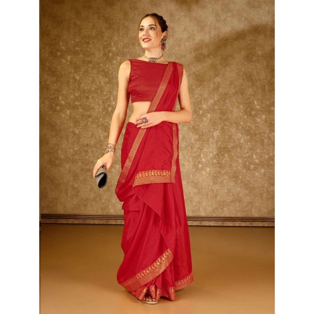 Women's Vichitra Plain Saree With Unstitched Blouse (Red, 5-6 Mtrs)