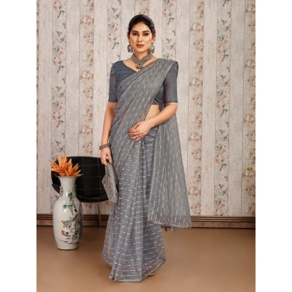 Women's Linen Line Saree With Unstitched Blouse (Grey, 5-6 Mtrs)