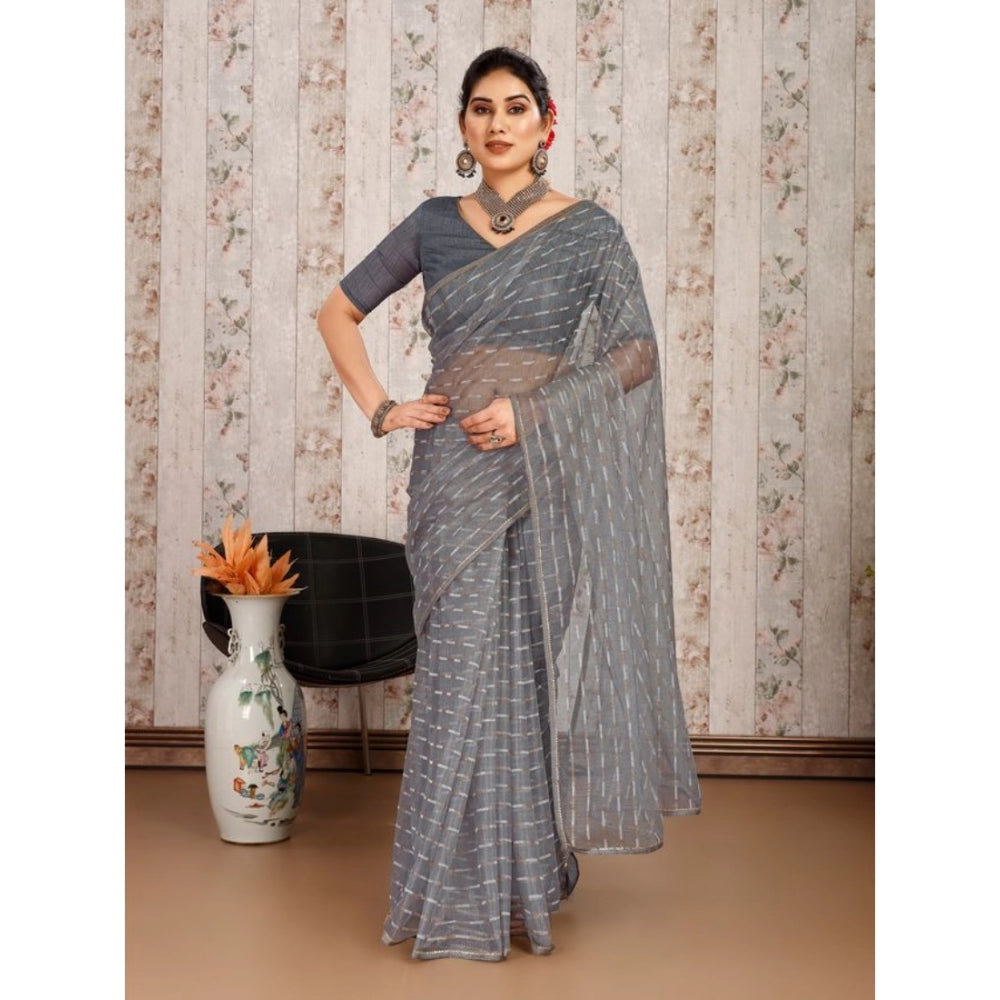 Women's Linen Line Saree With Unstitched Blouse (Grey, 5-6 Mtrs)