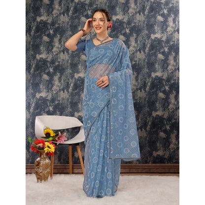 Women's Linen Line Saree With Unstitched Blouse (Sky Blue, 5-6 Mtrs)