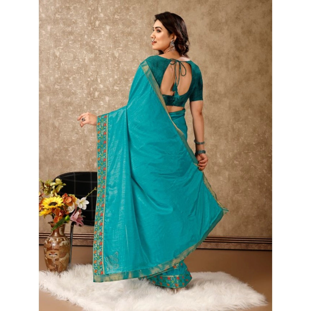 Women's Vichitra Swiroshki Butta Saree With Unstitched Blouse (Turquies Blue, 5-6 Mtrs)