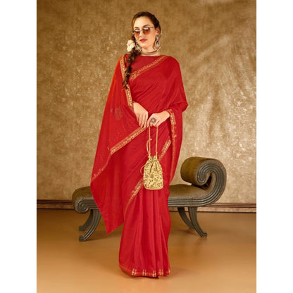 Women's Vichitra Printed Saree With Unstitched Blouse (Red, 5-6 Mtrs)