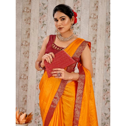 Women's Vichitra Swiroshki Butta Saree With Unstitched Blouse (Yellow, 5-6 Mtrs)