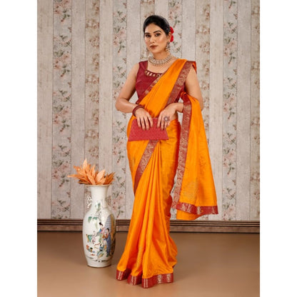 Women's Vichitra Swiroshki Butta Saree With Unstitched Blouse (Yellow, 5-6 Mtrs)