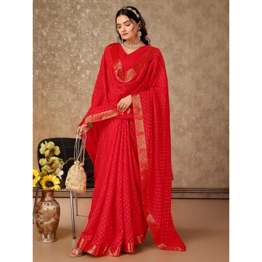 Women's Vichitra Bandhini Saree With Unstitched Blouse (Red, 5-6 Mtrs)