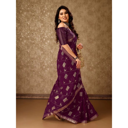 Women's Zomto Patta Chiffon Saree With Unstitched Blouse (Wine, 5-6 Mtrs)