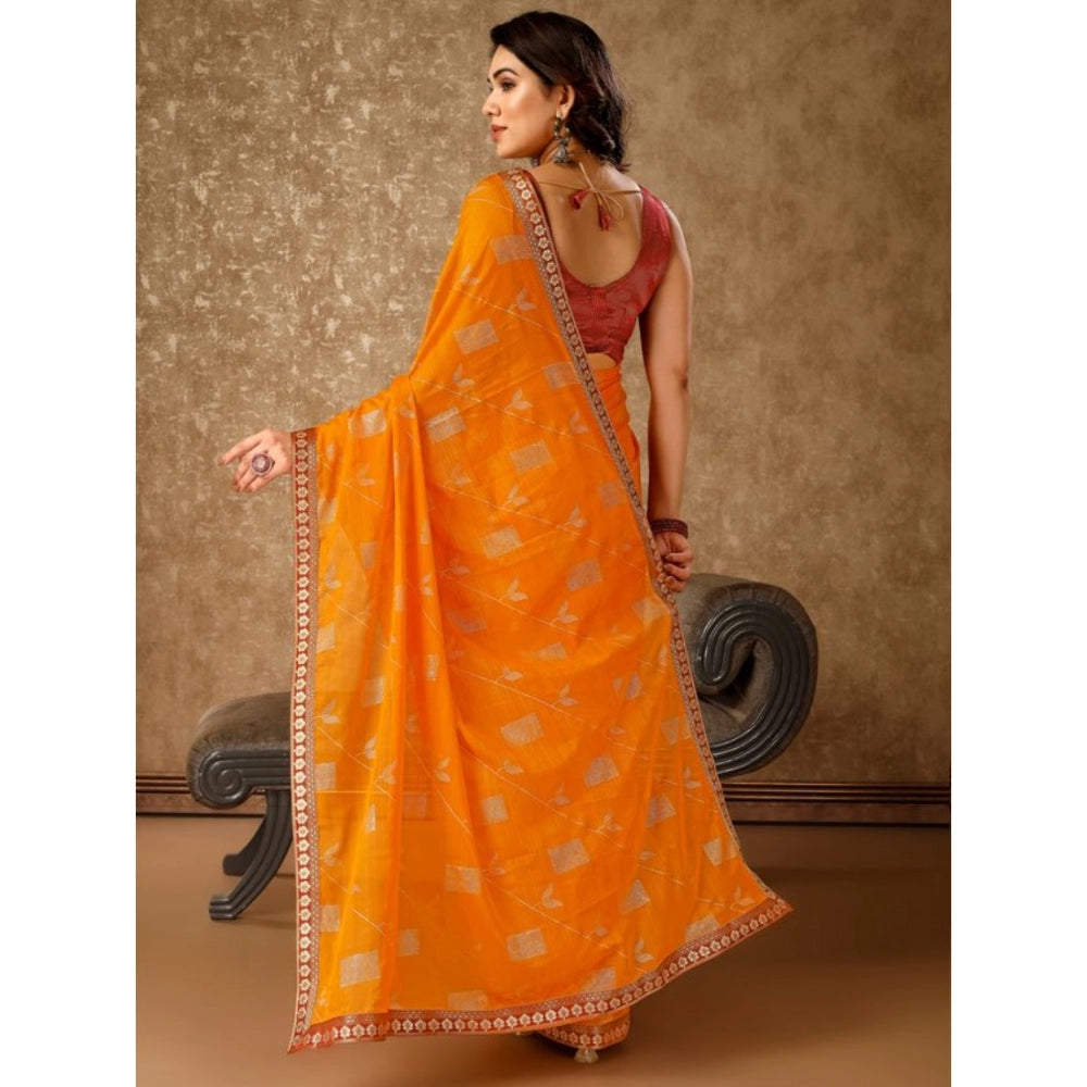 Women's Zomto Patta Chiffon Saree With Unstitched Blouse (Yellow, 5-6 Mtrs)