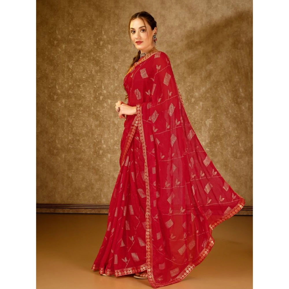 Women's Zomto Patta Chiffon Saree With Unstitched Blouse (Red, 5-6 Mtrs)