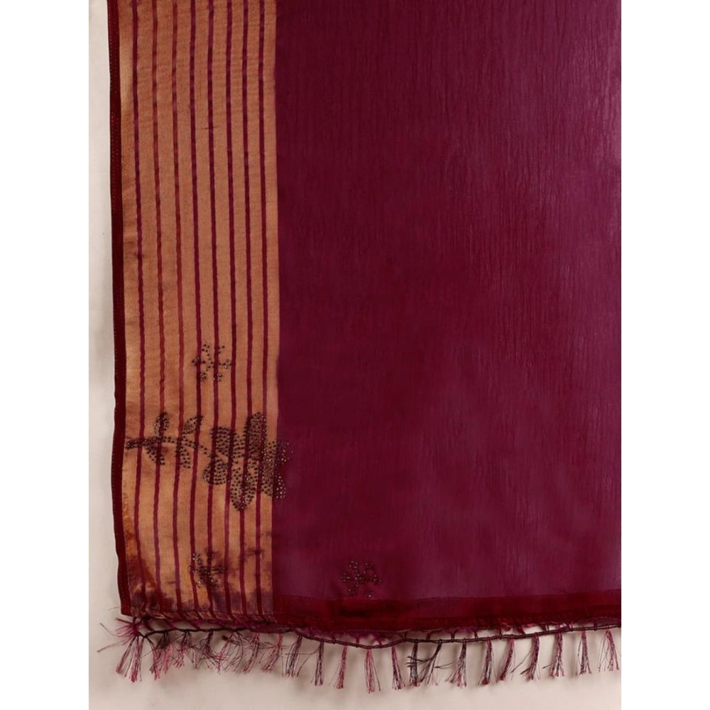 Women's Chiffon Fabric Plain Saree With Unstitched Blouse (Wine, 5-6 Mtrs)