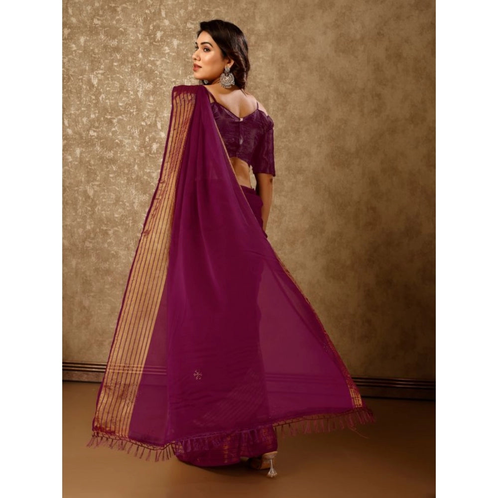 Women's Chiffon Fabric Plain Saree With Unstitched Blouse (Wine, 5-6 Mtrs)