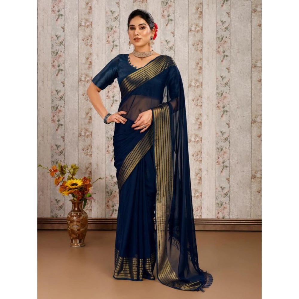 Women's Chiffon Fabric Plain Saree With Unstitched Blouse (Blue, 5-6 Mtrs)