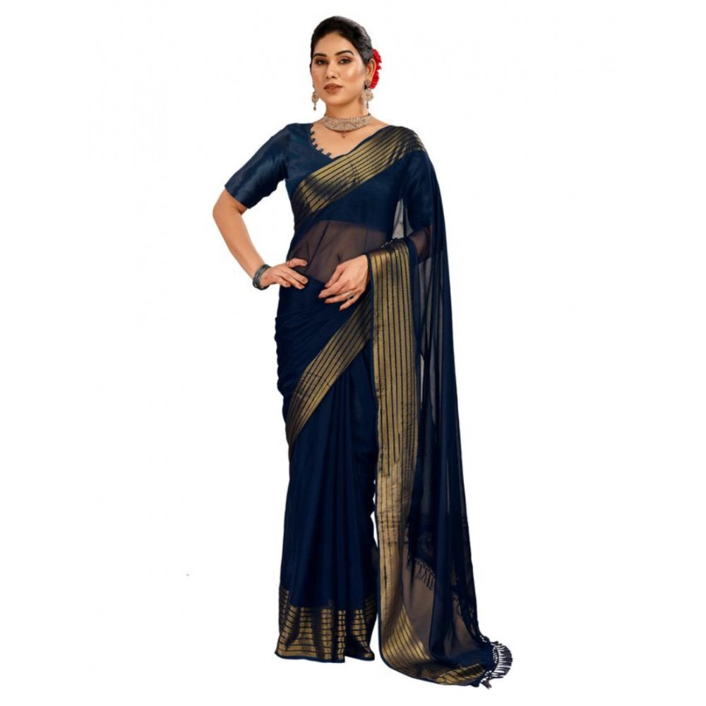 Women's Chiffon Fabric Plain Saree With Unstitched Blouse (Blue, 5-6 Mtrs)