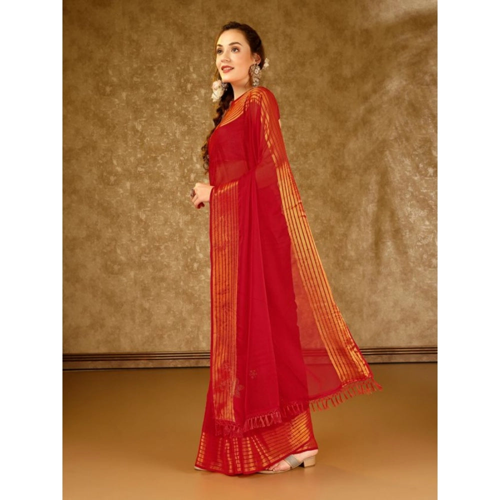 Women's Chiffon Fabric Plain Saree With Unstitched Blouse (Red, 5-6 Mtrs)