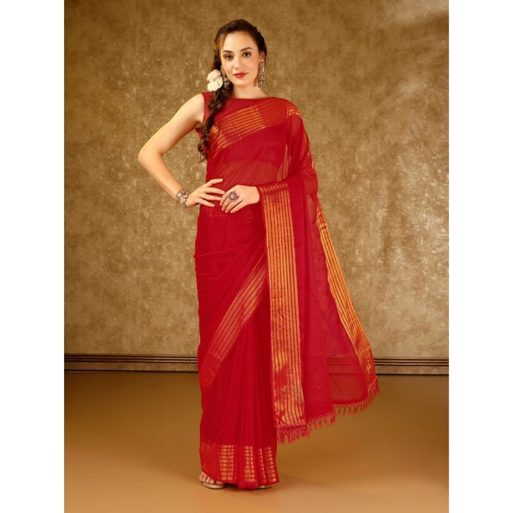 Women's Chiffon Fabric Plain Saree With Unstitched Blouse (Red, 5-6 Mtrs)