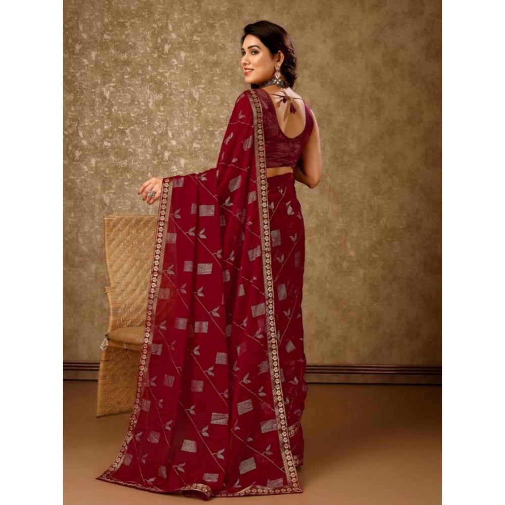 Women's Zomto Patta Chiffon Saree With Unstitched Blouse (Maroon, 5-6 Mtrs)