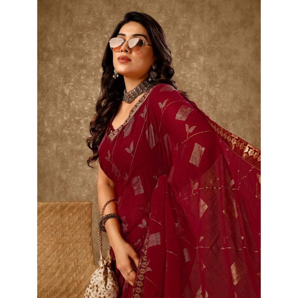 Women's Zomto Patta Chiffon Saree With Unstitched Blouse (Maroon, 5-6 Mtrs)