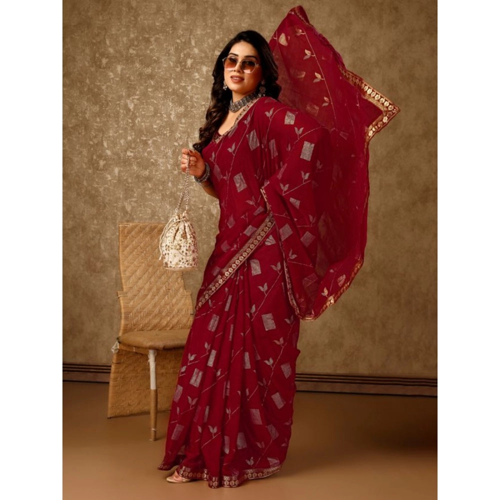 Women's Zomto Patta Chiffon Saree With Unstitched Blouse (Maroon, 5-6 Mtrs)