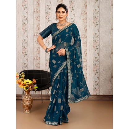 Women's Zomto Patta Chiffon Saree With Unstitched Blouse (Blue, 5-6 Mtrs)