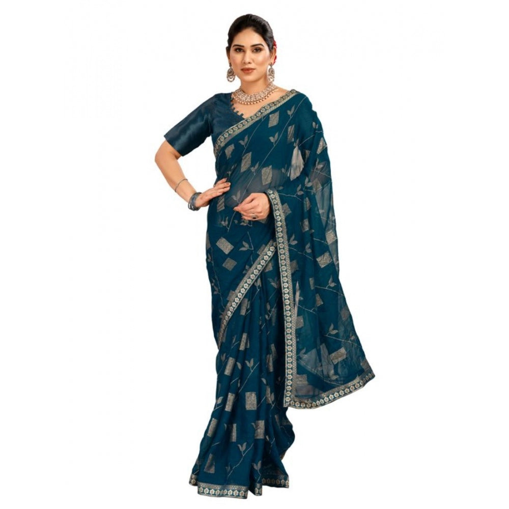 Women's Zomto Patta Chiffon Saree With Unstitched Blouse (Blue, 5-6 Mtrs)