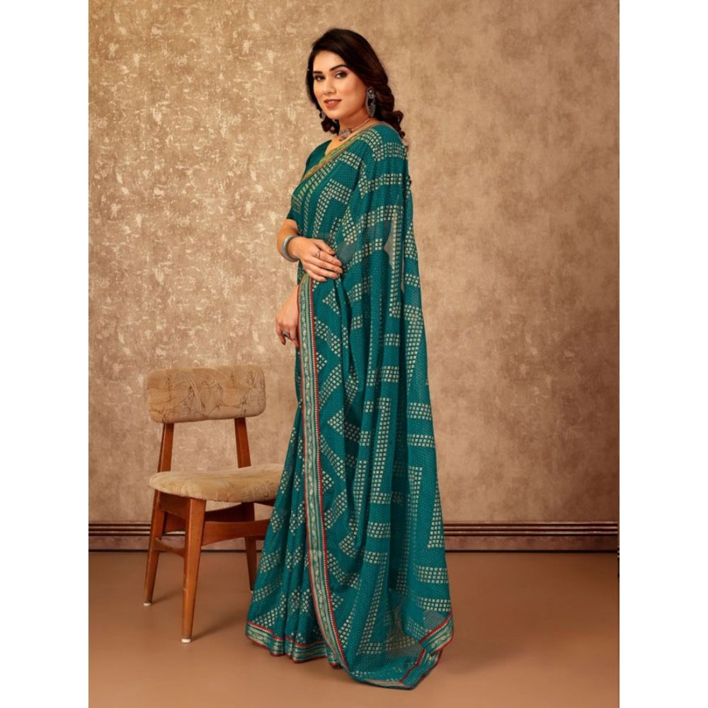 Women's Zomto Zig Zag Saree With Unstitched Blouse (Teal Blue, 5-6 Mtrs)