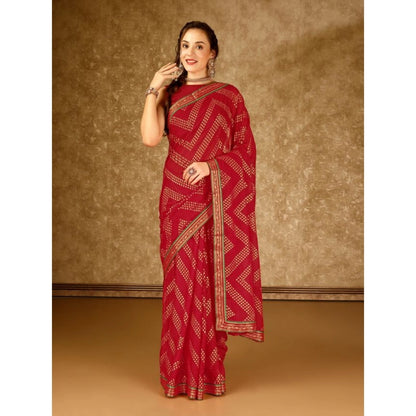 Women's Zomto Zig Zag Saree With Unstitched Blouse (Red, 5-6 Mtrs)