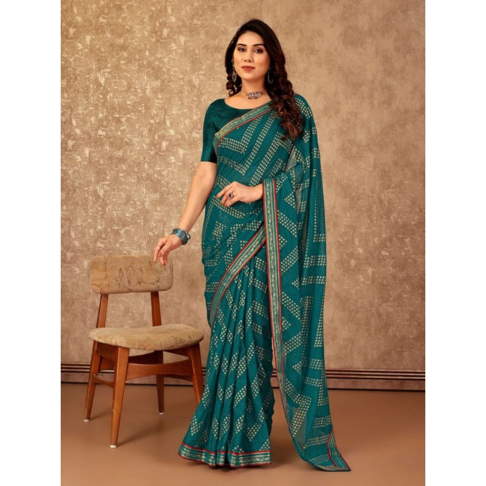 Women's Zomto Zig Zag Saree With Unstitched Blouse (Teal Blue, 5-6 Mtrs)