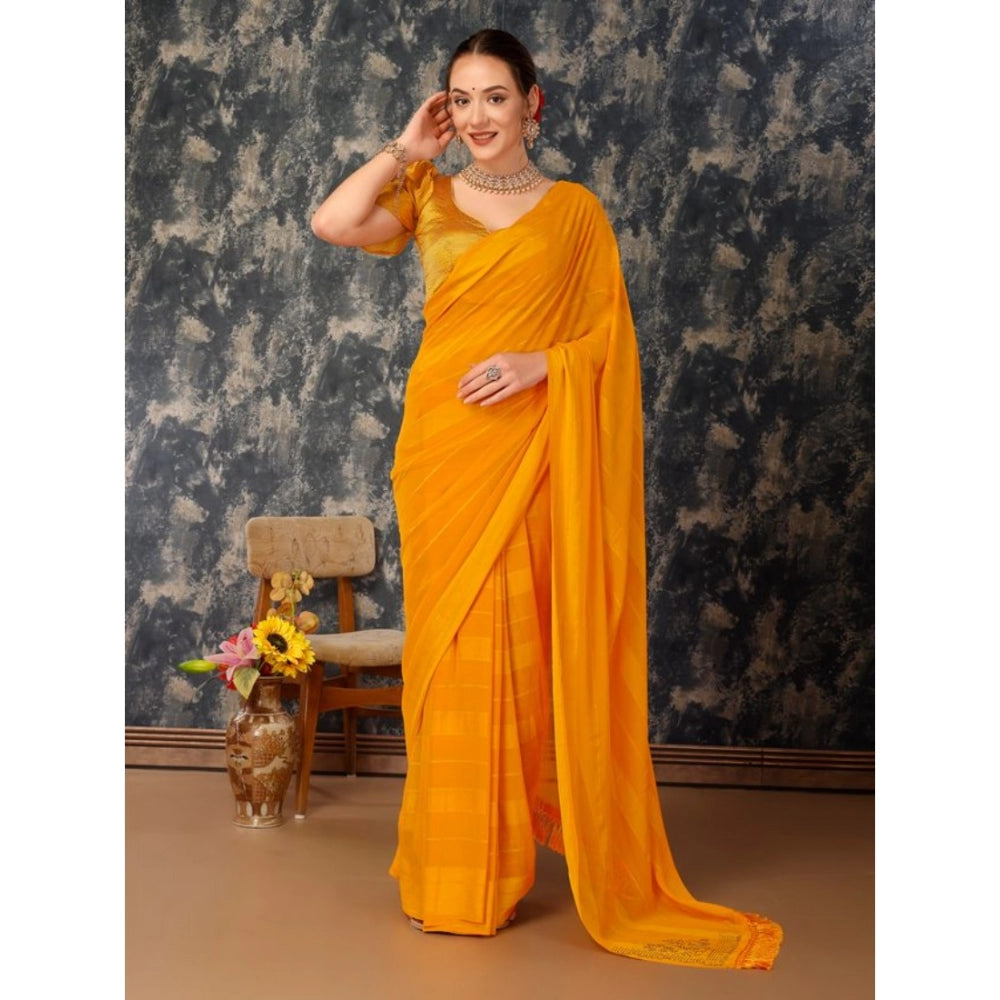 Women's Chiffon Fabric Line Saree With Unstitched Blouse (Yellow, 5-6 Mtrs)