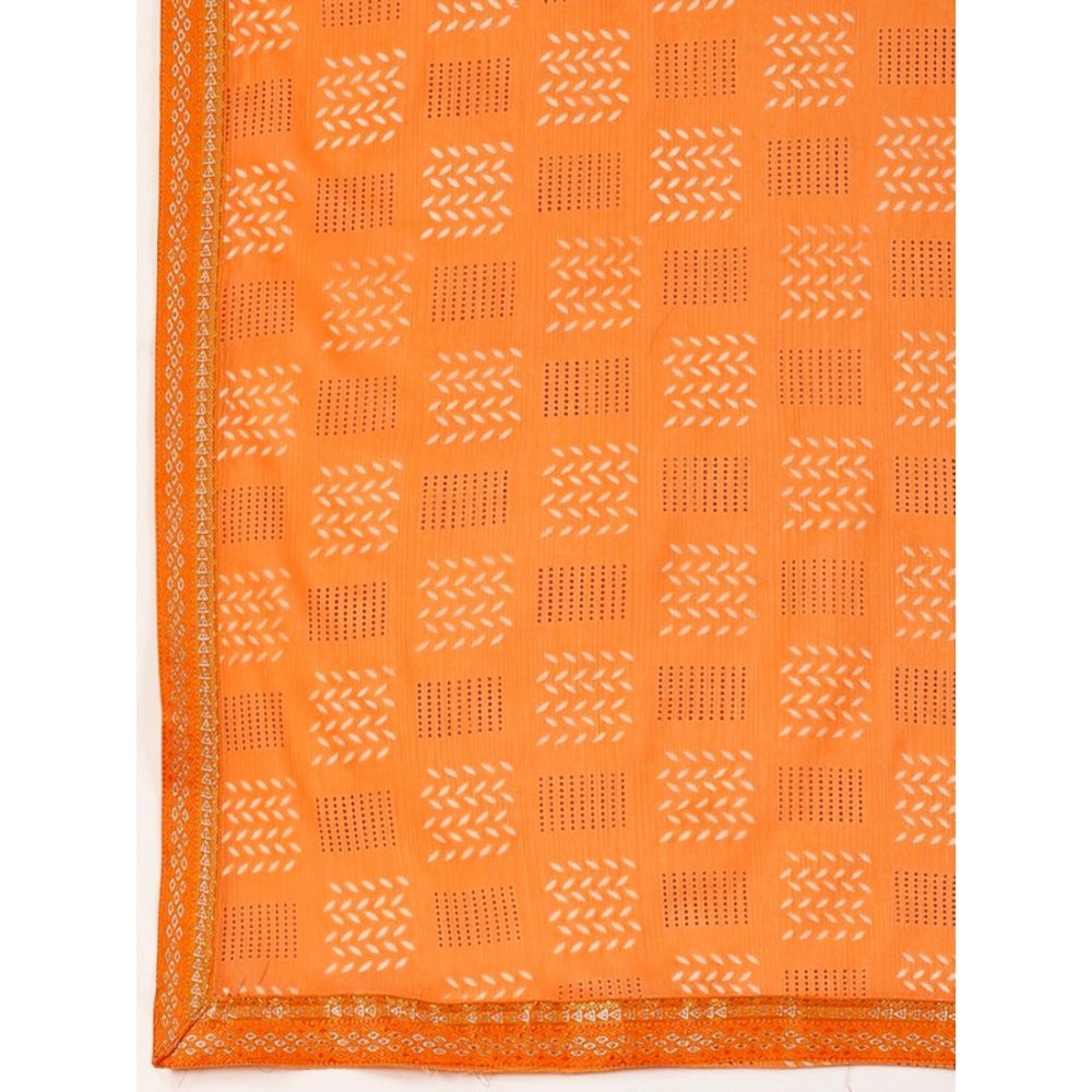 Women's Zomto Checked Saree With Unstitched Blouse (Orange, 5-6 Mtrs)