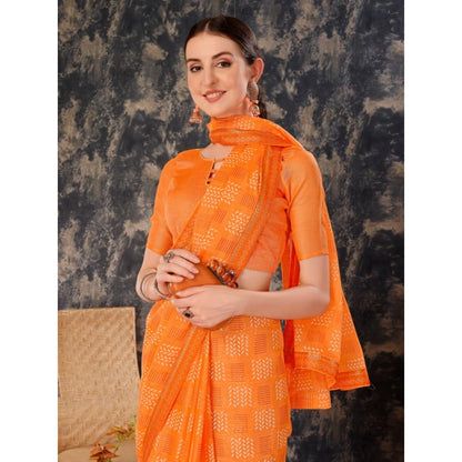 Women's Zomto Checked Saree With Unstitched Blouse (Orange, 5-6 Mtrs)