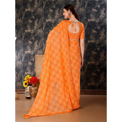 Women's Zomto Checked Saree With Unstitched Blouse (Orange, 5-6 Mtrs)