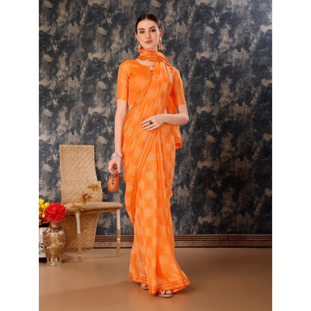 Women's Zomto Checked Saree With Unstitched Blouse (Orange, 5-6 Mtrs)