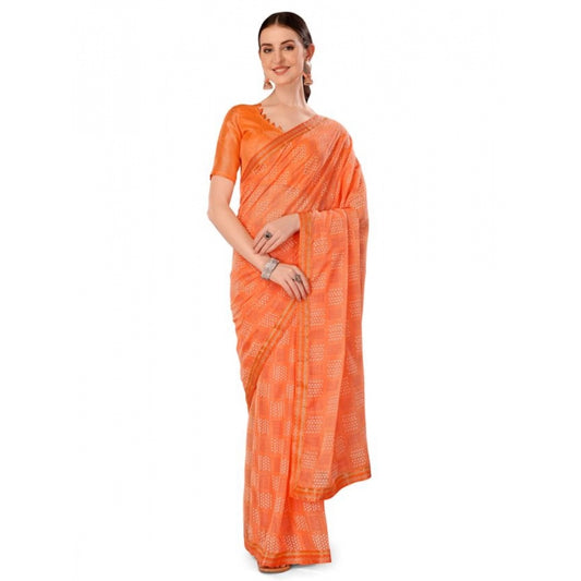 Women's Zomto Checked Saree With Unstitched Blouse (Peach, 5-6 Mtrs)