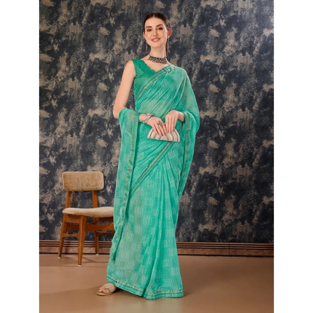 Women's Zomto Checked Saree With Unstitched Blouse (Rama Green, 5-6 Mtrs)