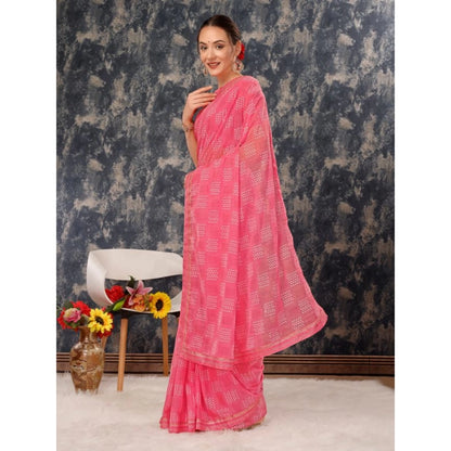 Women's Zomto Checked Saree With Unstitched Blouse (Pink, 5-6 Mtrs)