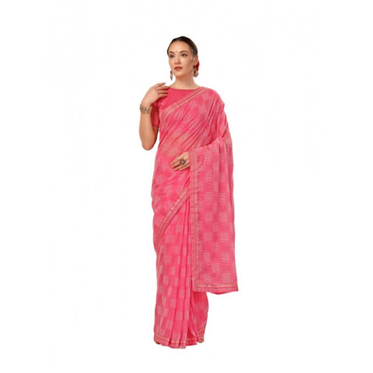 Women's Zomto Checked Saree With Unstitched Blouse (Pink, 5-6 Mtrs)