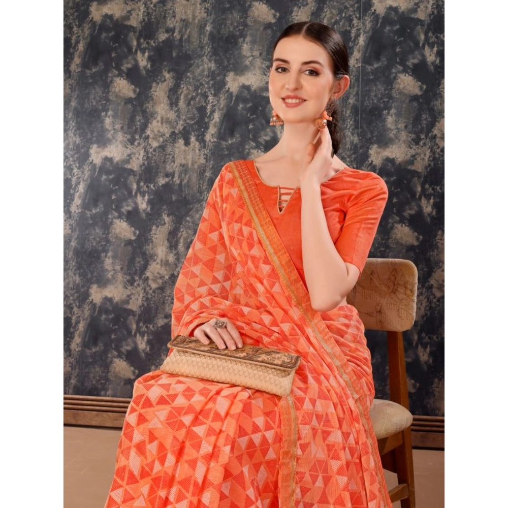 Women's Zomto Printed Saree With Unstitched Blouse (Peach, 5-6 Mtrs)