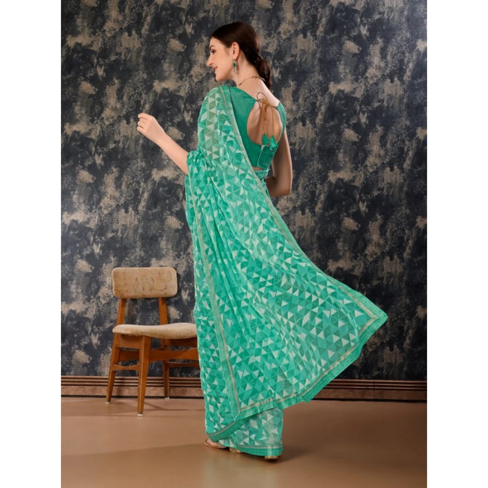 Women's Zomto Printed Saree With Unstitched Blouse (Turquies Green, 5-6 Mtrs)