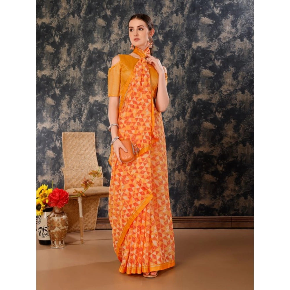 Women's Zomto Printed Saree With Unstitched Blouse (Light Orange, 5-6 Mtrs)