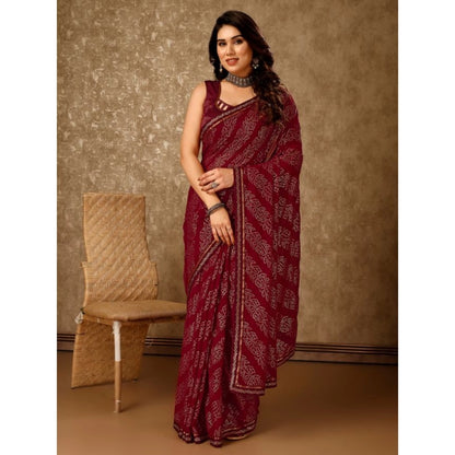 Women's Zomto Bandhini Saree With Unstitched Blouse (Maroon, 5-6 Mtrs)