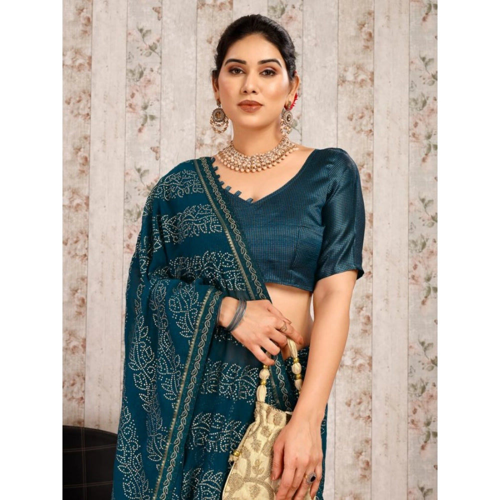 Women's Zomto Bandhini Saree With Unstitched Blouse (Blue, 5-6 Mtrs)