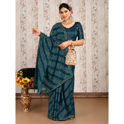 Women's Zomto Bandhini Saree With Unstitched Blouse (Blue, 5-6 Mtrs)