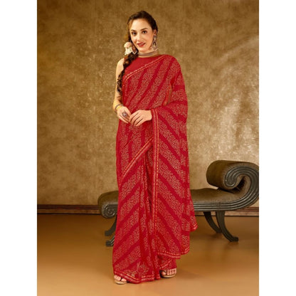 Women's Zomto Bandhini Saree With Unstitched Blouse (Red, 5-6 Mtrs)