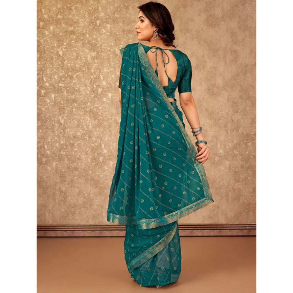 Women's Zomto Bandhini Saree With Unstitched Blouse (Teal Blue, 5-6 Mtrs)