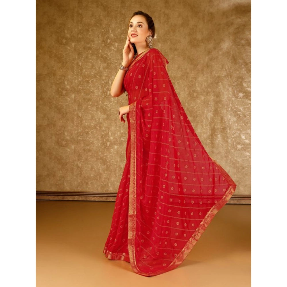 Women's Zomto Bandhini Saree With Unstitched Blouse (Red, 5-6 Mtrs)